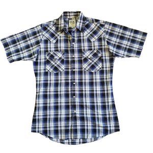 Ely Cattleman S Blue Plaid Shirt Pearl‎ Snaps Western Cowboy Rockabilly Rodeo